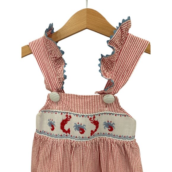 Shrimp & Grits Kids Red Striped Cotton Smocked Lobster Dress With Ruffle Straps - Picture 2 of 7